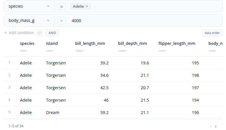 Filter block interface with value dropdowns