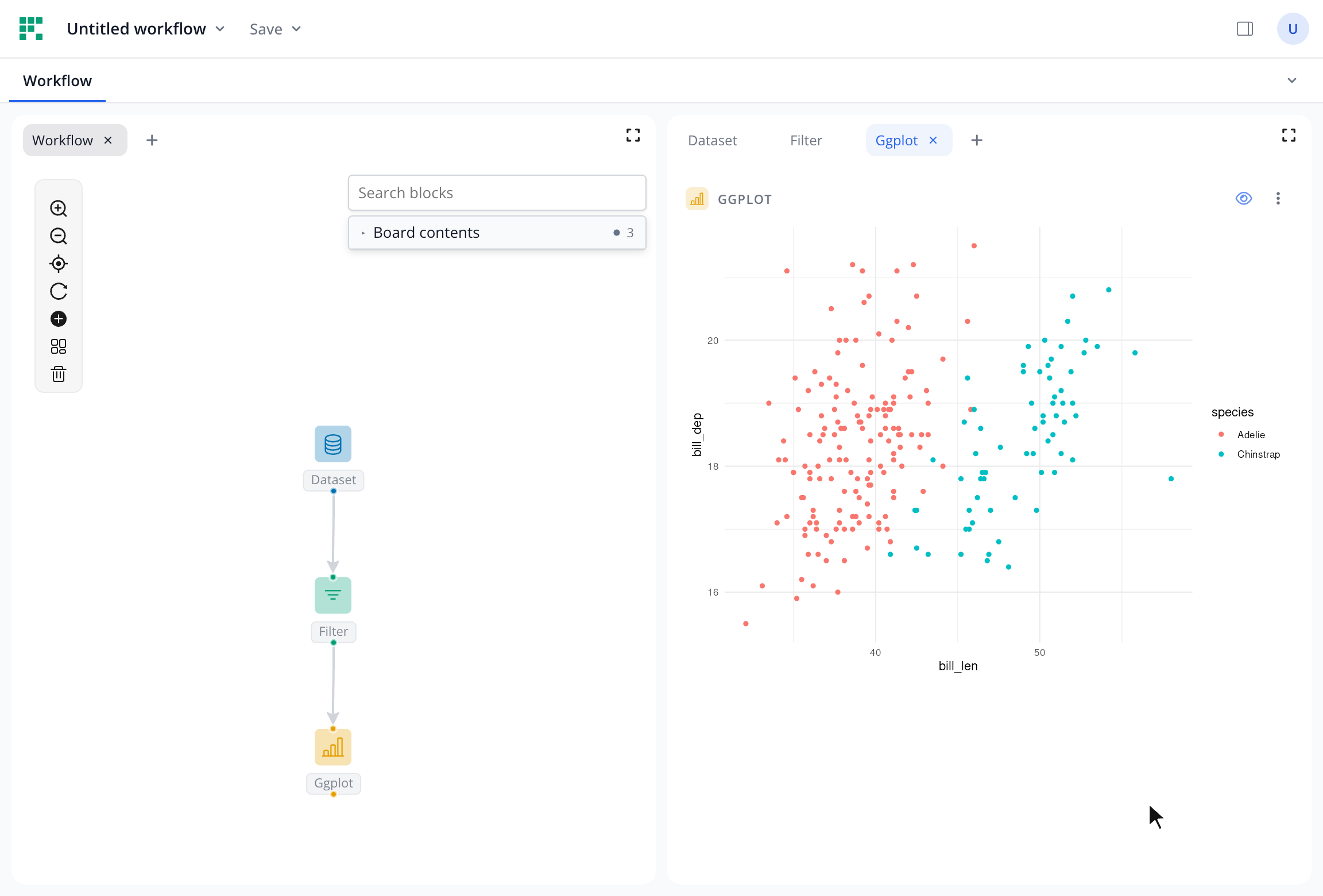 The finished app: filter and scatter plot on penguins