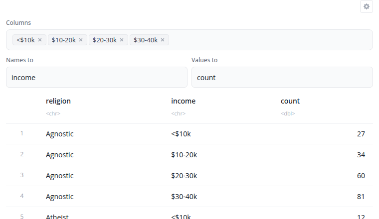 Pivot longer block with column selector and naming options
