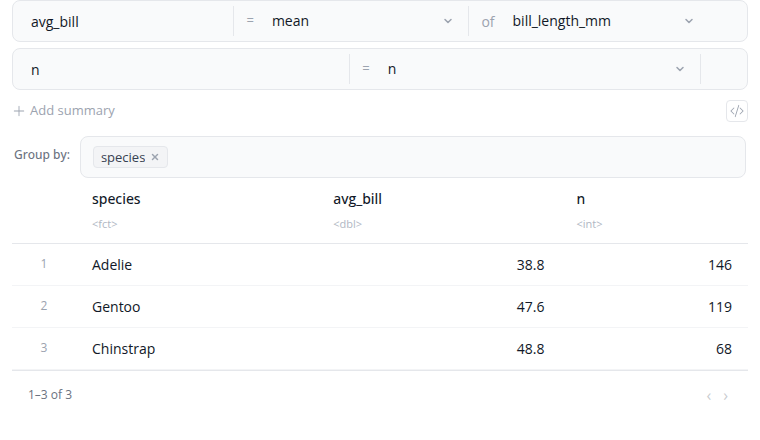 Summarize block with function dropdown and column selector