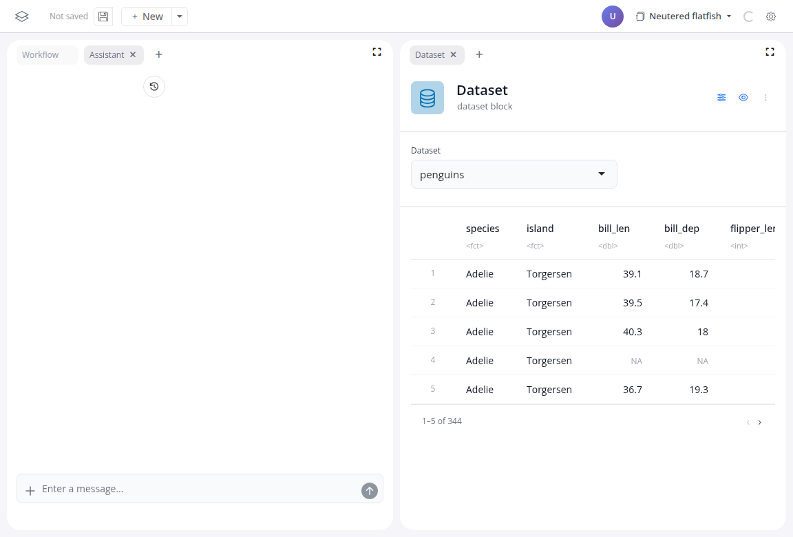 The assistant panel docked next to a workflow